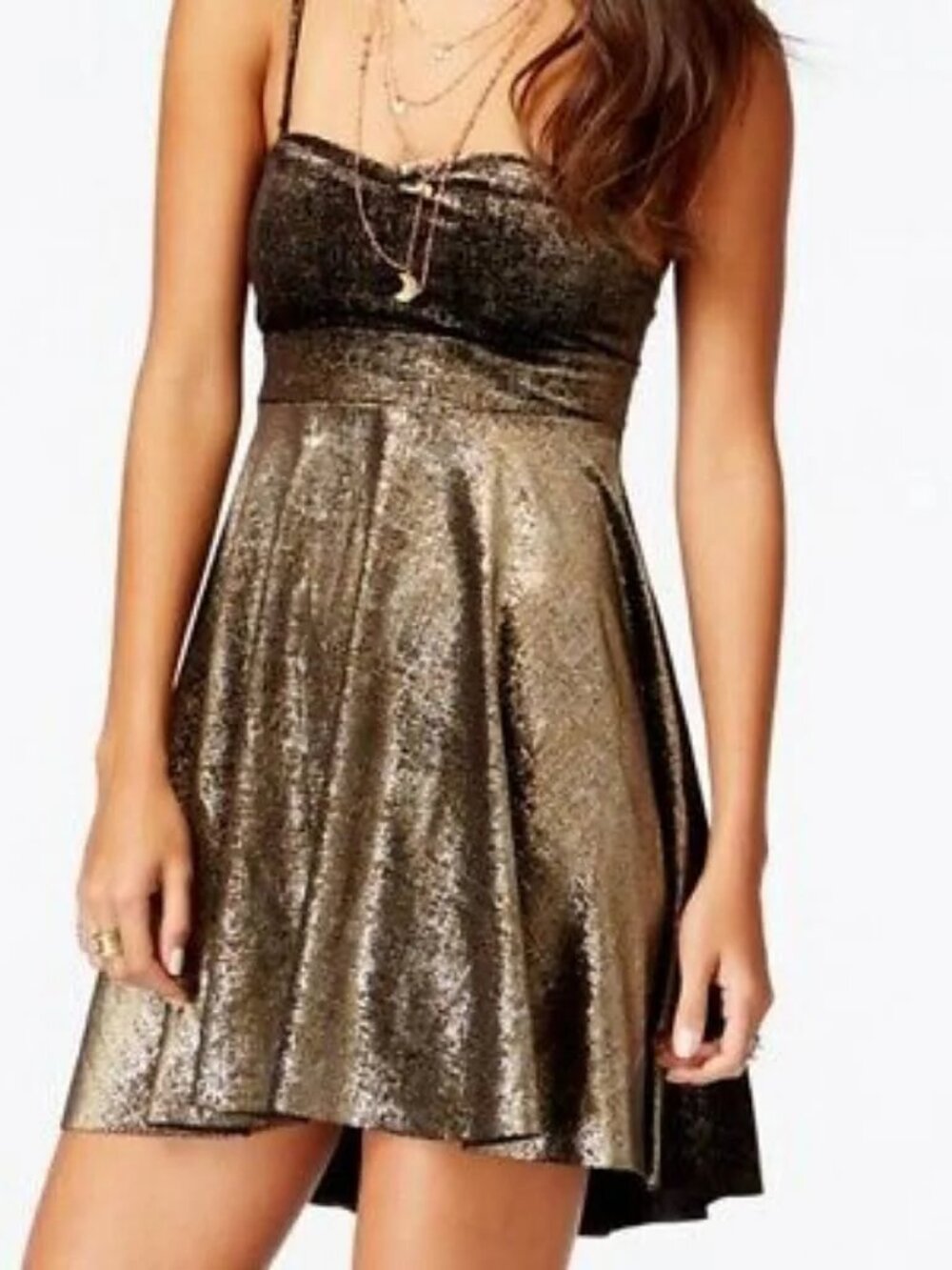 Free People Dress Stretch Velvet Shattered Foil Strapless Mini Pocket Gold Small